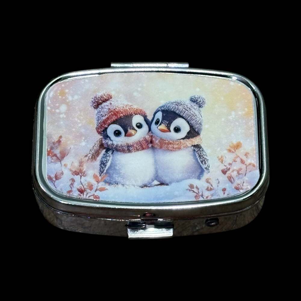 Cute Penguin Duo Portable Rectangle Metal Pill Organizer Case